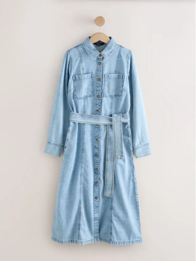 Next Dames - Petite denim midi-overhemdjurk met riem - Petite - Blauw Bleach Blue