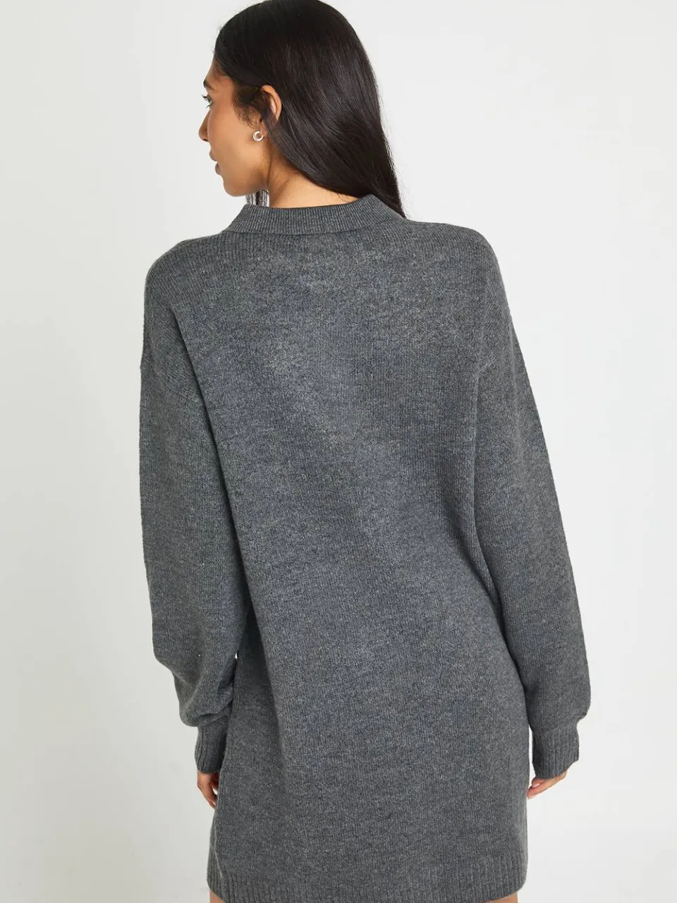 boohoo Dames Lange Gebreide Trui-jurk Met Kraag En Knoopsluiting In Oversized Model houtskool, foto 3