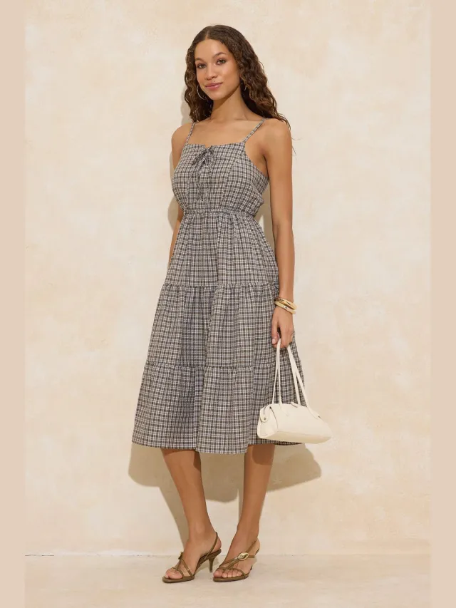Turkishsouq Damesjurk in geruite/geruite midi-lengte, mouwloos, casual/dagelijks, skatermodel Marineblauw