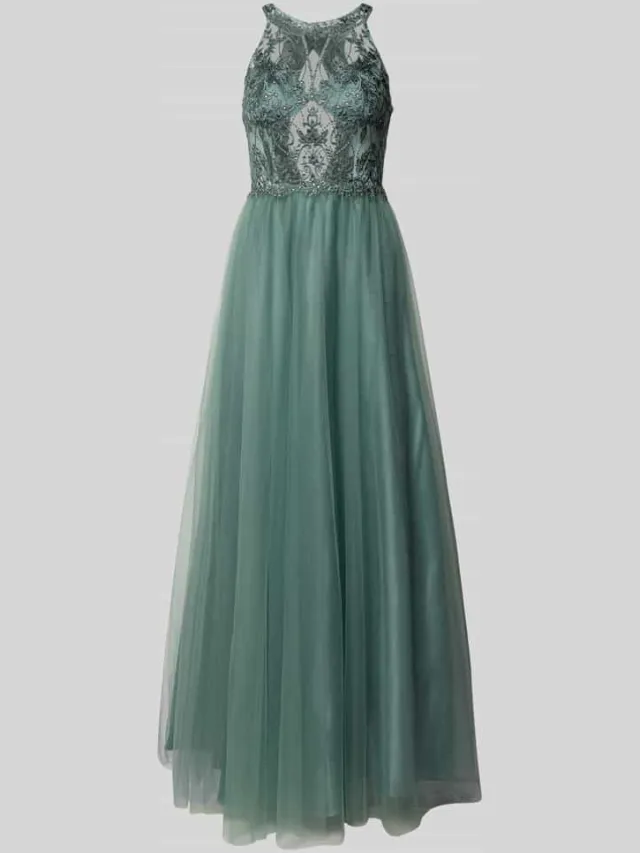 Laona Avondjurk in semi-transparant design met siersteentjes oceaanblauw, foto 2