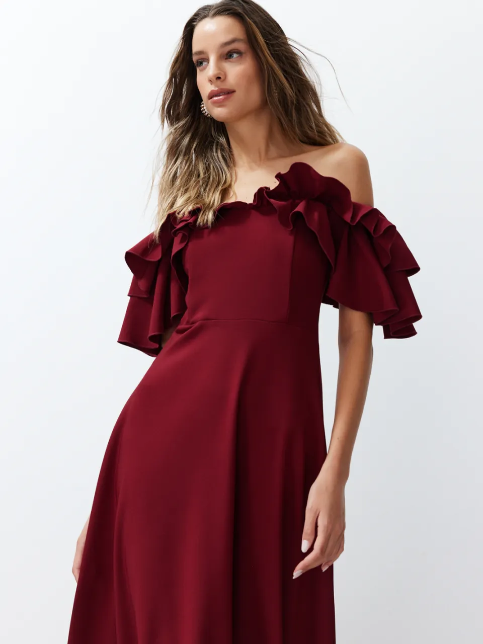 Trendyol TRENDYOLMİLLA Dames Bordeaux Effen Maxi Mouwloos Diploma-uitreiking / Gala A-lijn Avond & Gala Jurk, foto 2