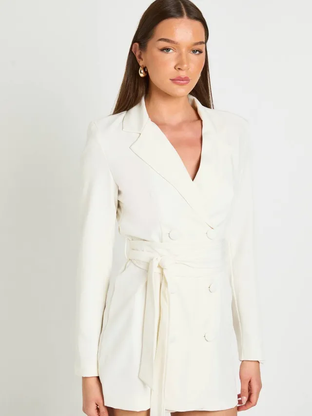 boohoo Dames Blazerjurk Met Obi-strikceintuur Op De Taille Ivoor