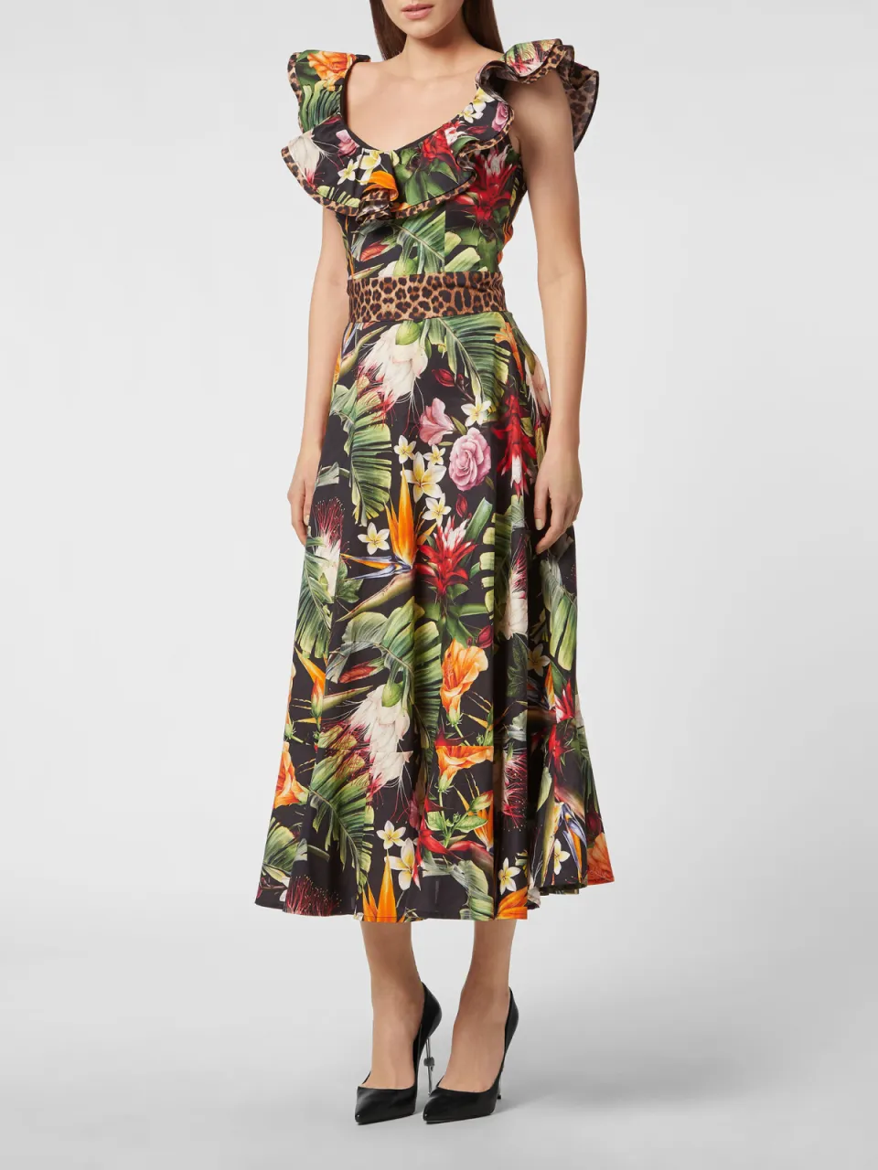 Philipp Plein Lange Jurk Flowers Zwart/Veelkleurig