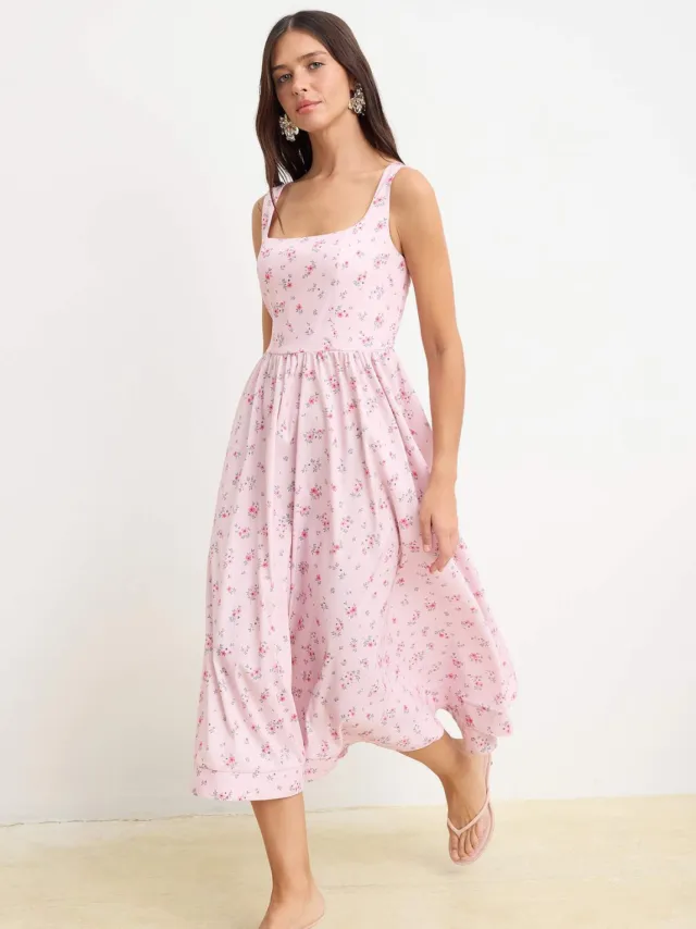 Trendyol TRENDYOLMİLLA Dames Roze Bloemen Midi Mouwloos Skater Jurken