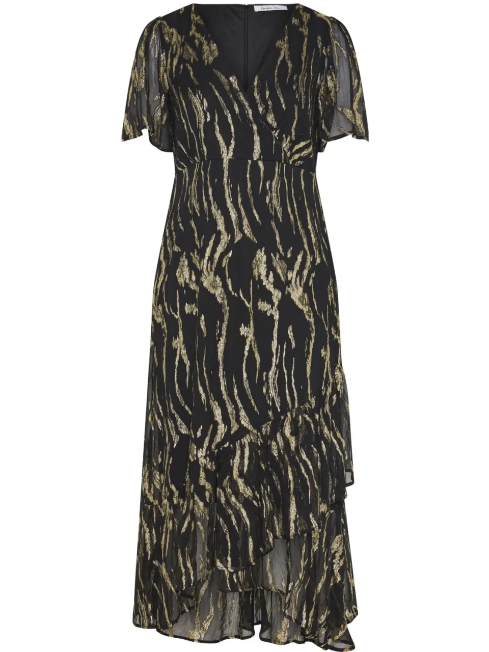 Yours London Zwarte En Gouden Metallic Wikkeljurk Met Ruches, foto 4