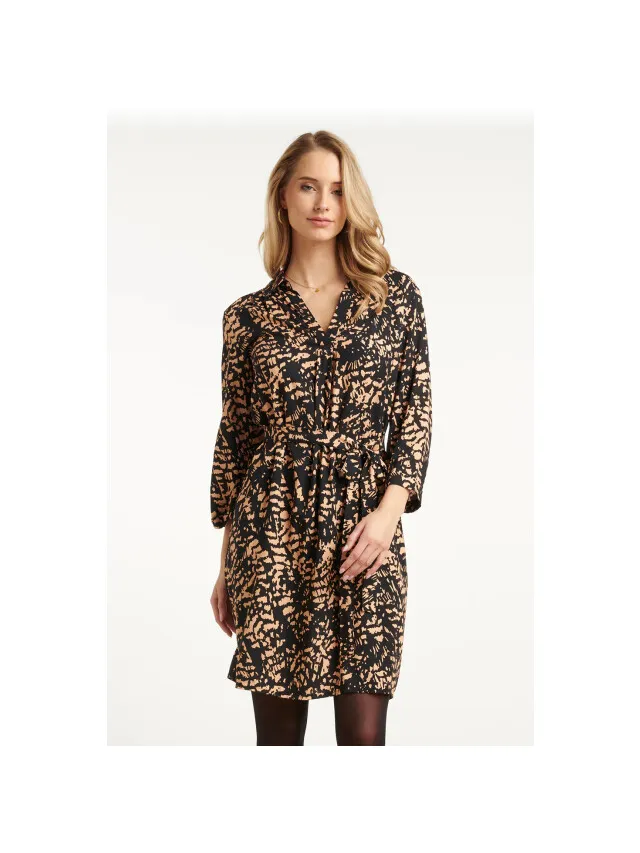 Smashed Lemon Korte jurk met abstract zwart en camel print