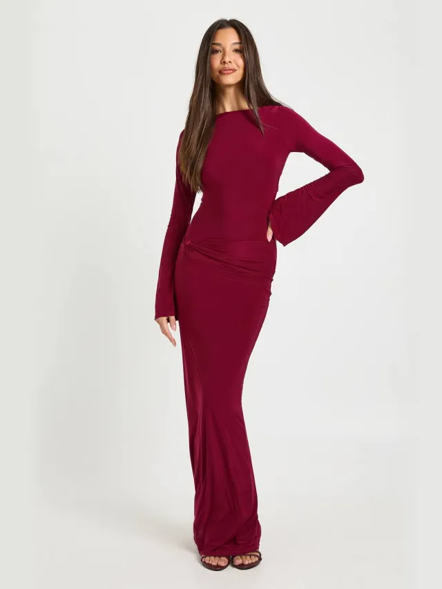 boohoo Dames Lange Mouw Twist Voorkant Maxi Jurk Wijn