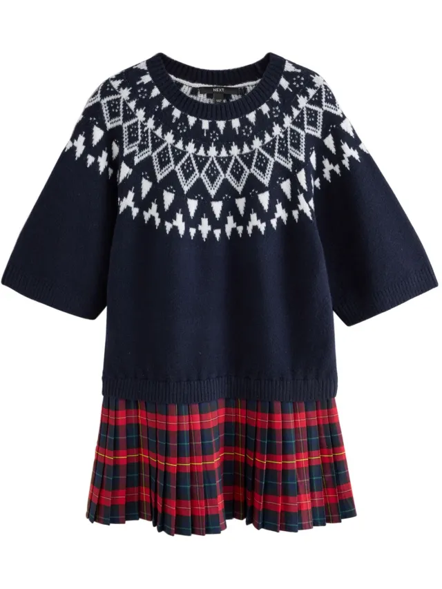 Next Dames - Gebreide 2-in-1 mini-jurk met korte mouwen - Blauw Navy Blue