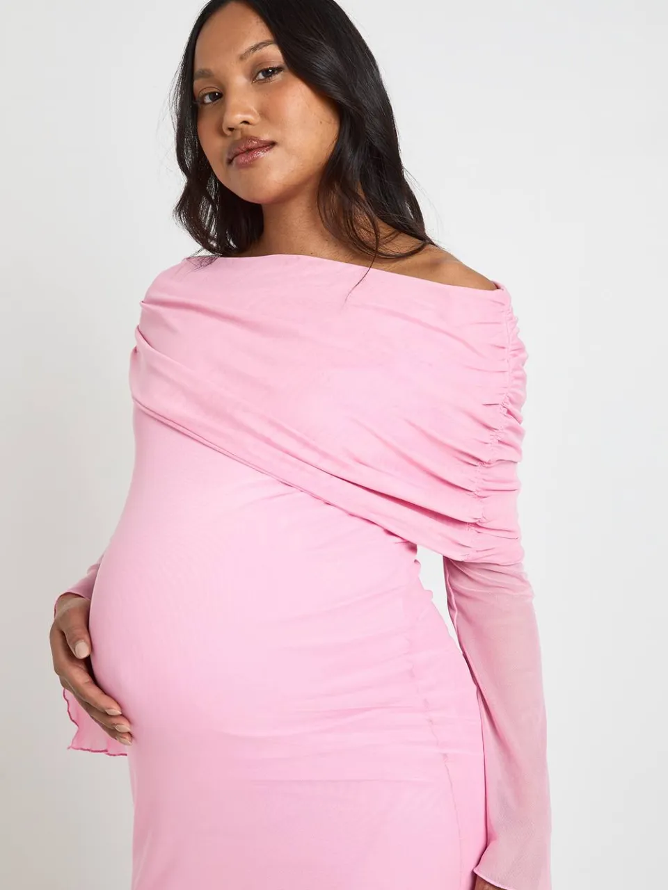 boohoo Dames Zwangerschaps Mesh Bardot Maxi Jurk baby roze, foto 4