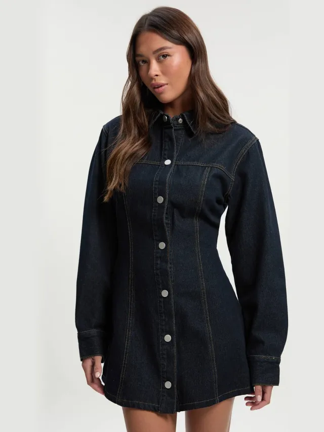 boohoo Dames Denimjurk met lange mouwen en getailleerde taille Indigo