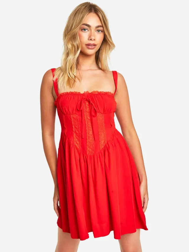 boohoo Dames Kanten Corset Smock Jurk Rood