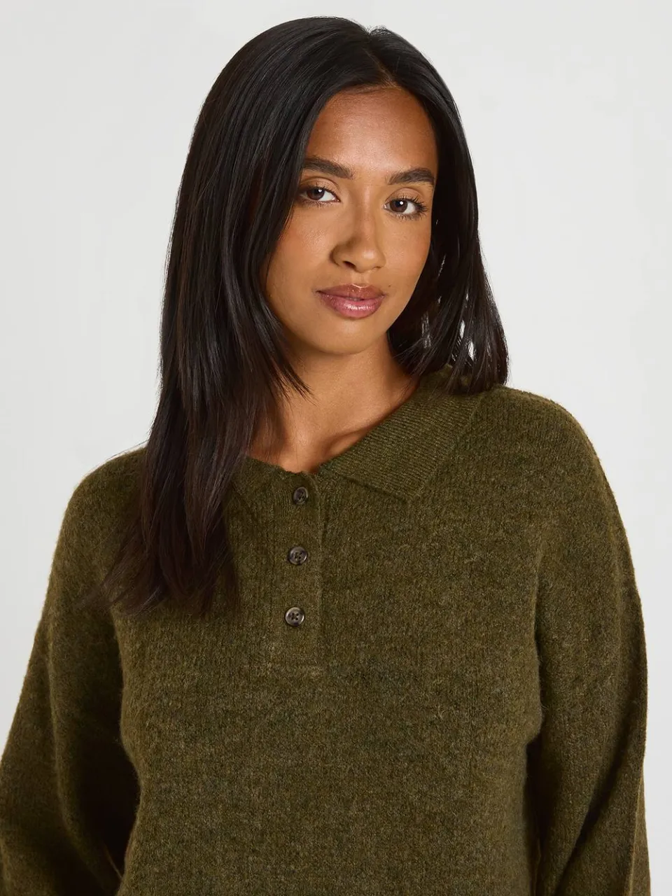 boohoo Dames Petite Gebreide Jurk Met Kraag En Knoopsluiting In Oversized Model kaki, foto 4