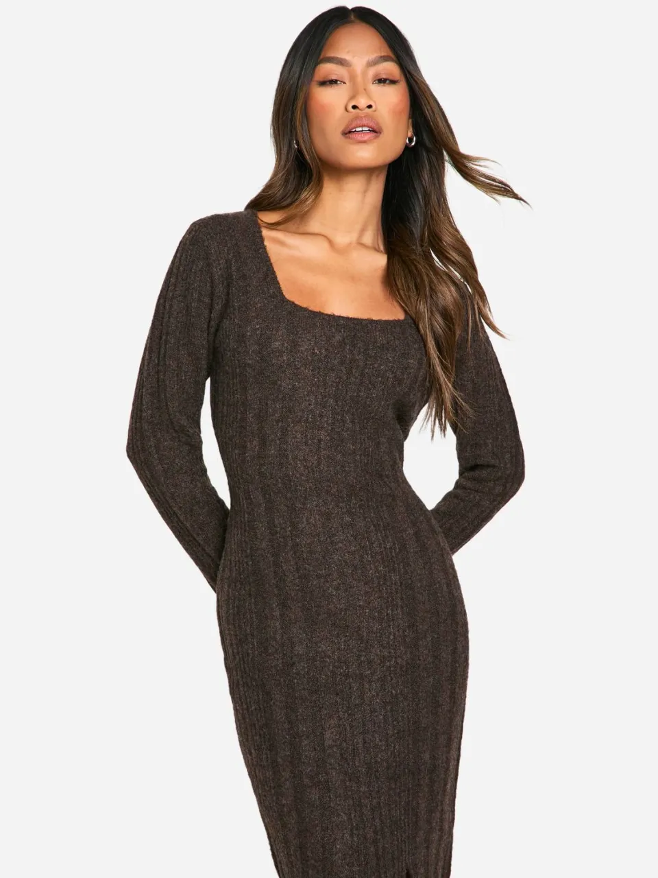 boohoo Dames Square Neck Mixed Rib Knitted Midaxi Dress chocoladebruin, foto 2