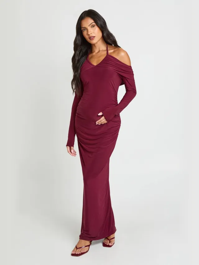 boohoo Dames Zwangerschaps Plus Bardot Lange Mouw Halter Maxi Jurk Fig