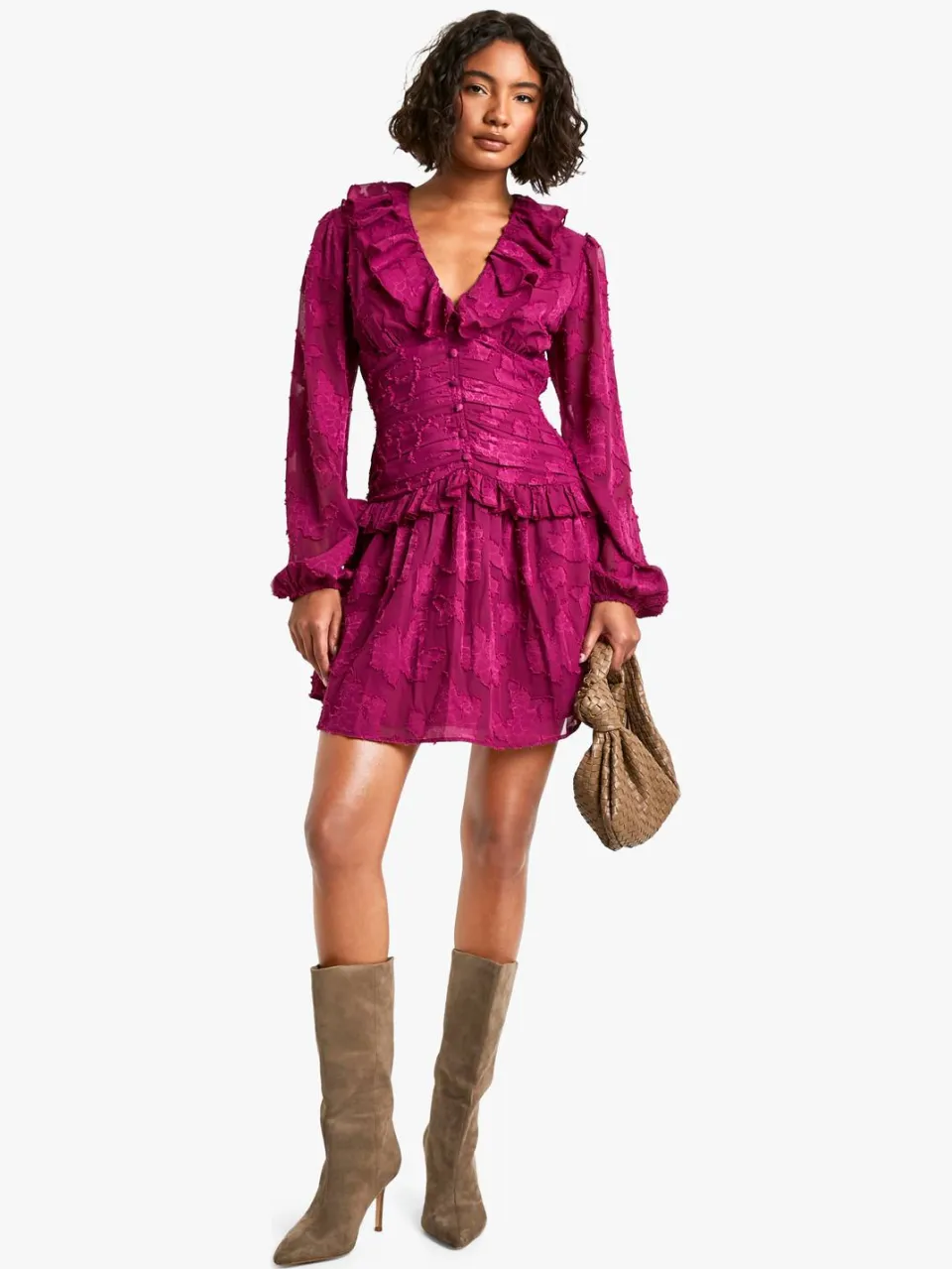 boohoo Dames Lange Bloemen Burnout Ruffle Plunge Gerimpelde Skater Jurk pruim, foto 3