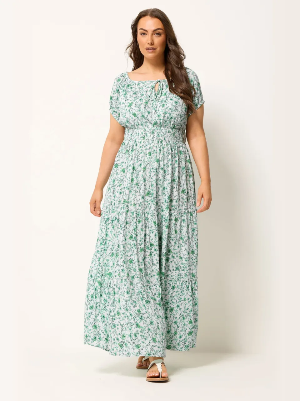 Yours Groene Bardotmaxijurk Met Bloemenprint, foto 2