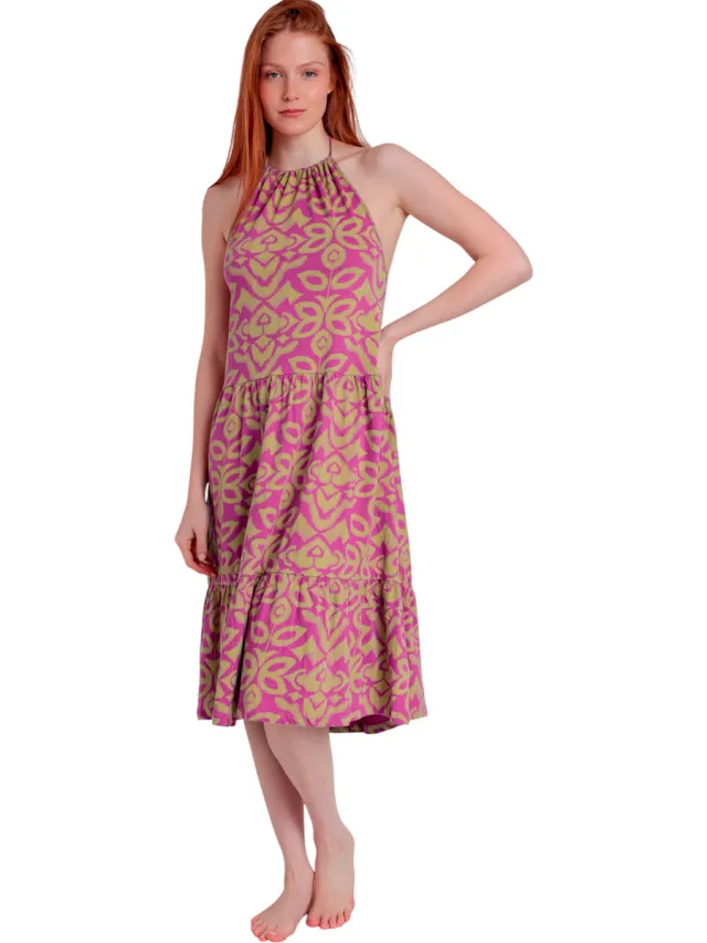 Admas Jurk Admas Zomerse halflange halterjurk Pink And Green Violet