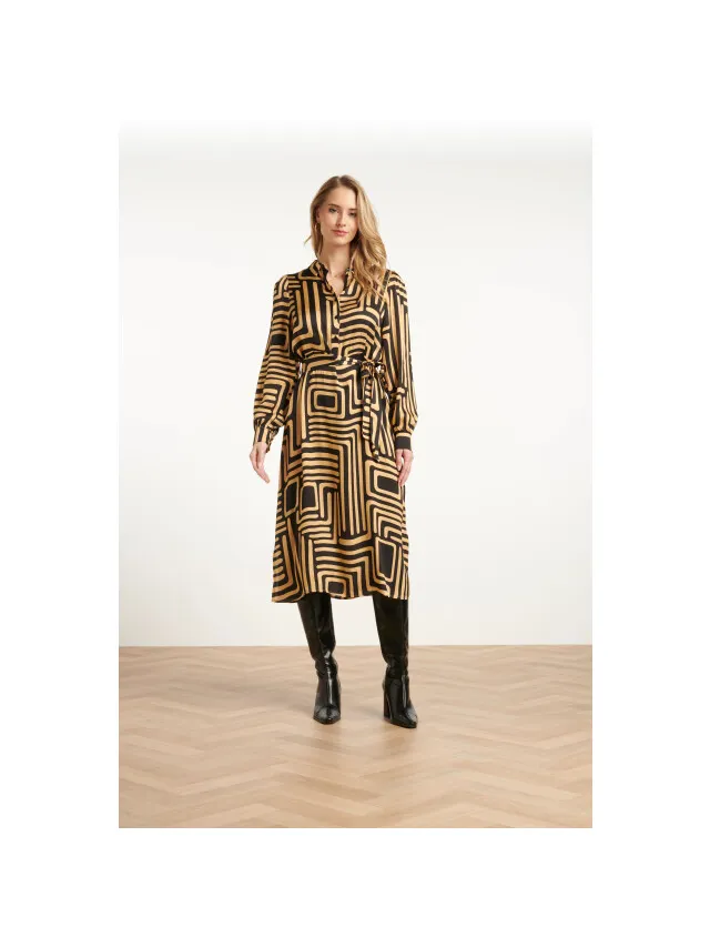 Smashed Lemon Zwart en goud grafische geprint midi jurk met kraag