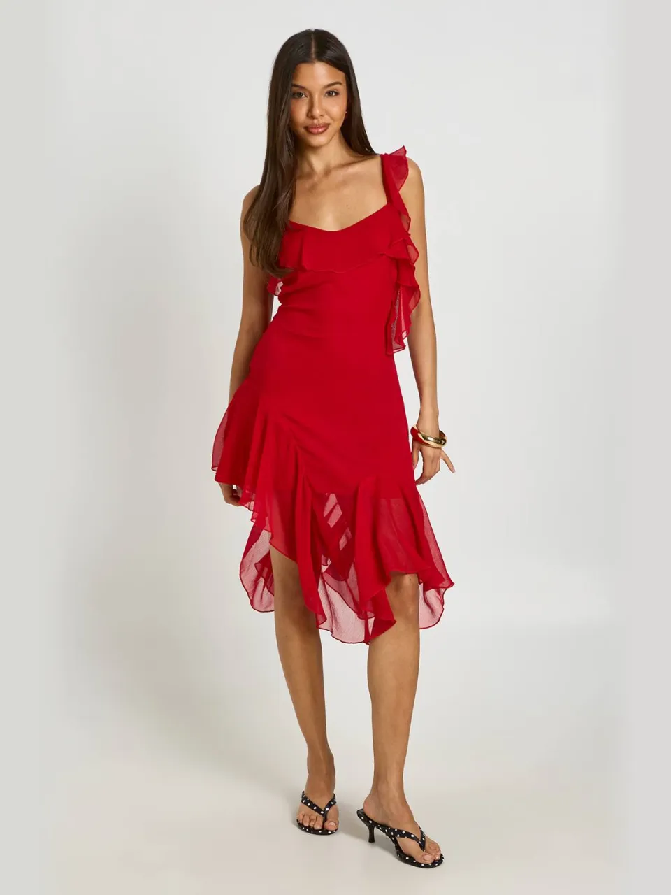 boohoo Dames Chiffon Midi-jurk Met Ruche Detail En Asymmetrische Snit rood, foto 2