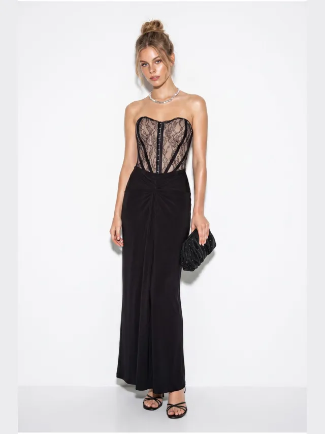 Bianco Lucci Straploze kanten maxi-jurk in corsetstijl Zwart