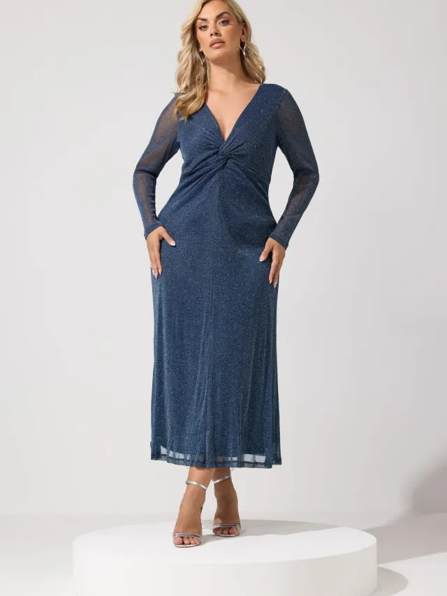 Yours London Marineblauwe Metallic Maxijurk Met Knoop Blue