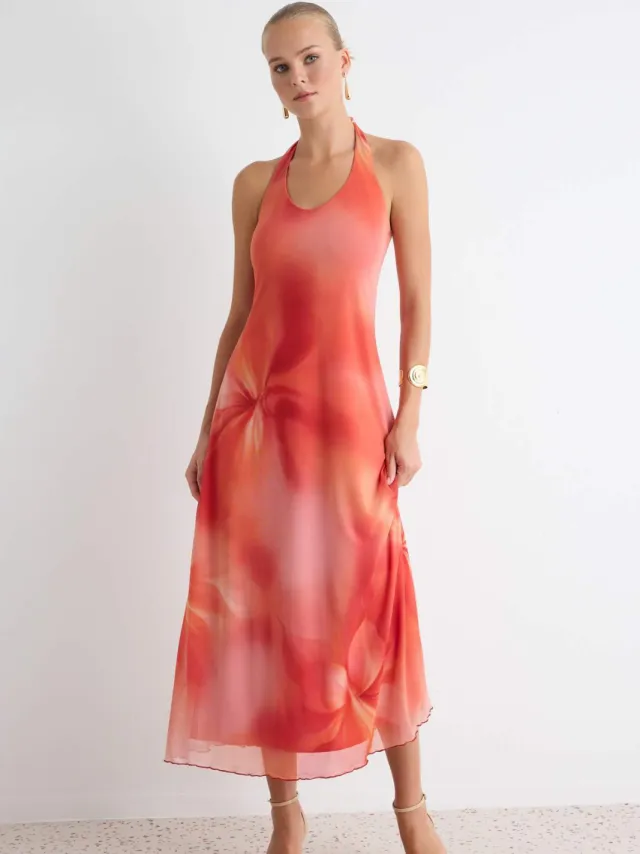 Trendyol TRENDYOLMİLLA Dames Oranje Abstract Maxi Mouwloos A-lijn Jurken