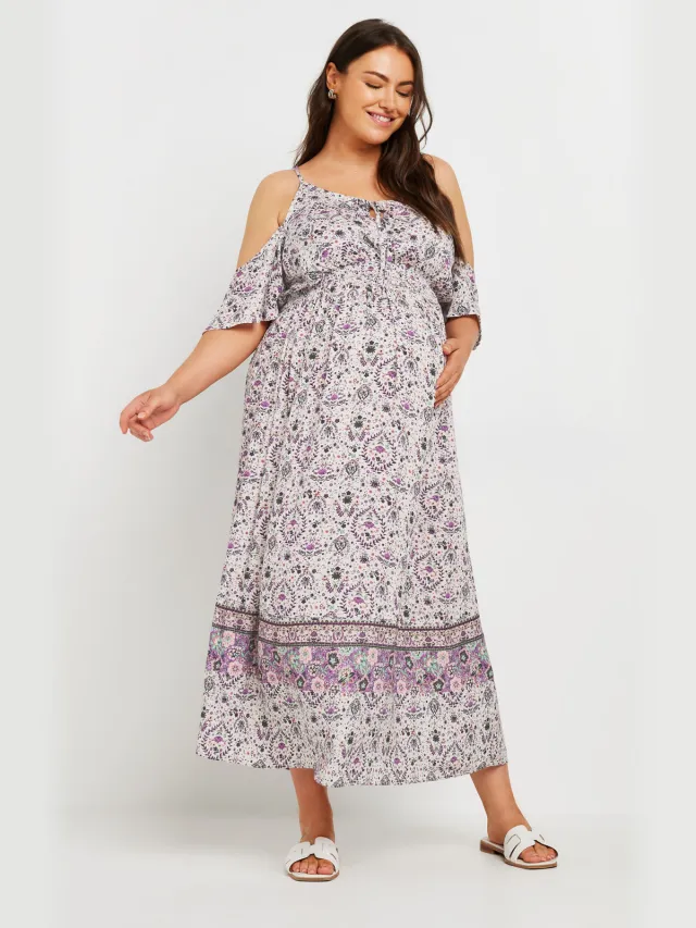 Bump It Up Maternity Maxijurk Met Blote Schouders En Paisley Print In Ivoor/Paars-56 White