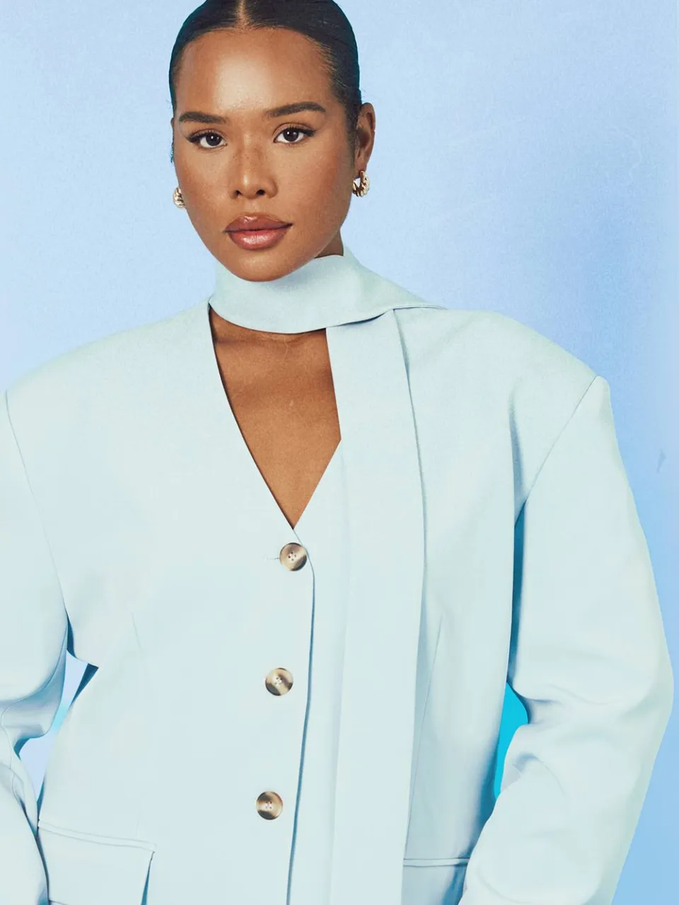 boohoo Dames Plus Mini-jurk Zonder Kraag Met Sjaalkraag Detail babyblauw, foto 4