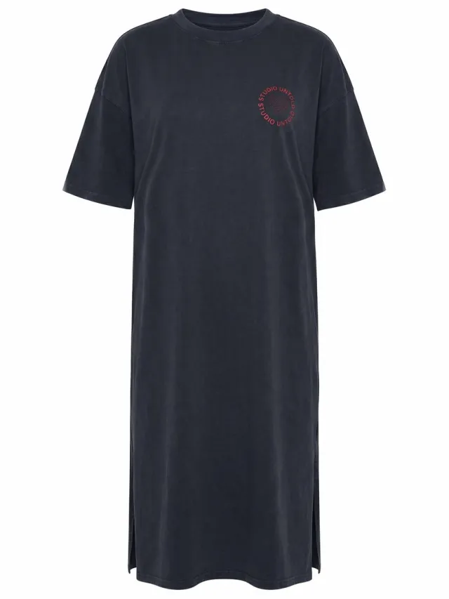 Studio Untold Dames - Jersey midi-jurk A-lijn applicatie korte mouwen - Antraciet melange - Maat 50+