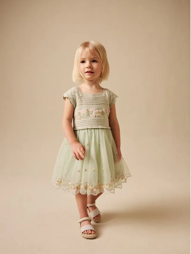 Next Meisjes - Feestjurk met gehaakt bloemenmotief en tule - Groen Sage Green