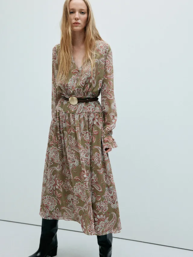 Mango midi jurk met paisley - groen Groen/ecru/bruin