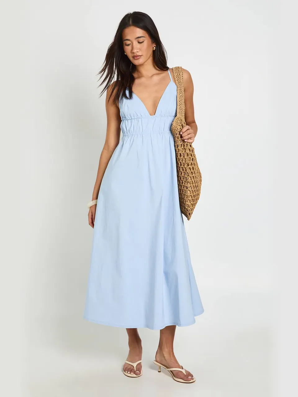 boohoo Dames Bengaline Midaxi Jurk Met Elastische Taille Detail En Gekruiste Bandjes Op De Rug babyblauw, foto 2