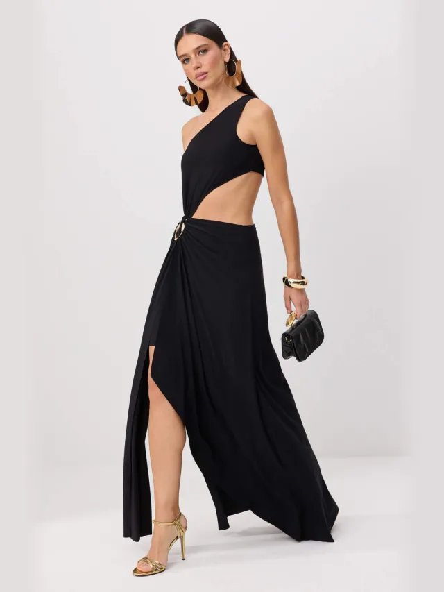 Trendyol TRENDYOLMİLLA Dames Zwart Effen Maxi Mouwloos Asymmetrisch Avond & Gala Jurk