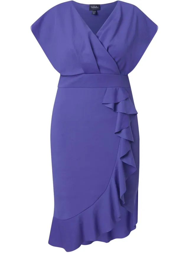 Ulla Popken Dames - Bodycon-jersey jurk volants V-hals kapmouwen - Purper