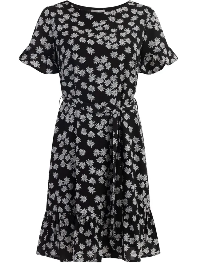 Usha midi-jurk met ruches zwart en wit