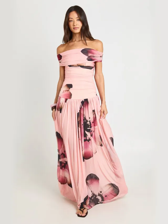 boohoo Dames Lange Maxi Jurk Met Bloemenprint En Bardot-halslijn Blush
