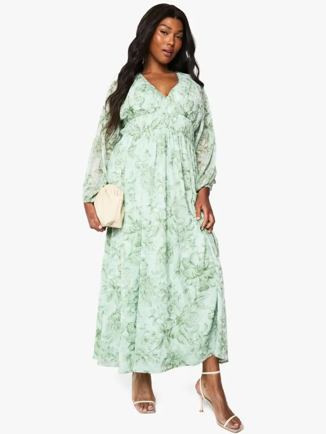 boohoo Dames Plus Floral Chiffon Jurk met geruimde blousonmouwen Verstandig