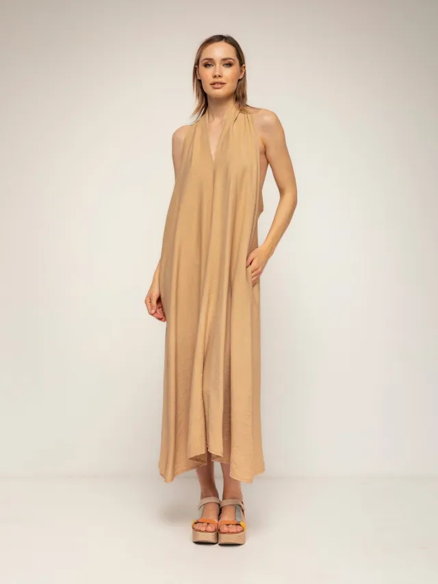 Tantra Wijde midi-jurk met halternek en een bandje op de rug Camel