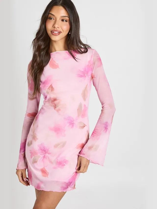 boohoo Dames Bloemige Mesh Mini-jurk Met Uitlopende Mouwen Roze