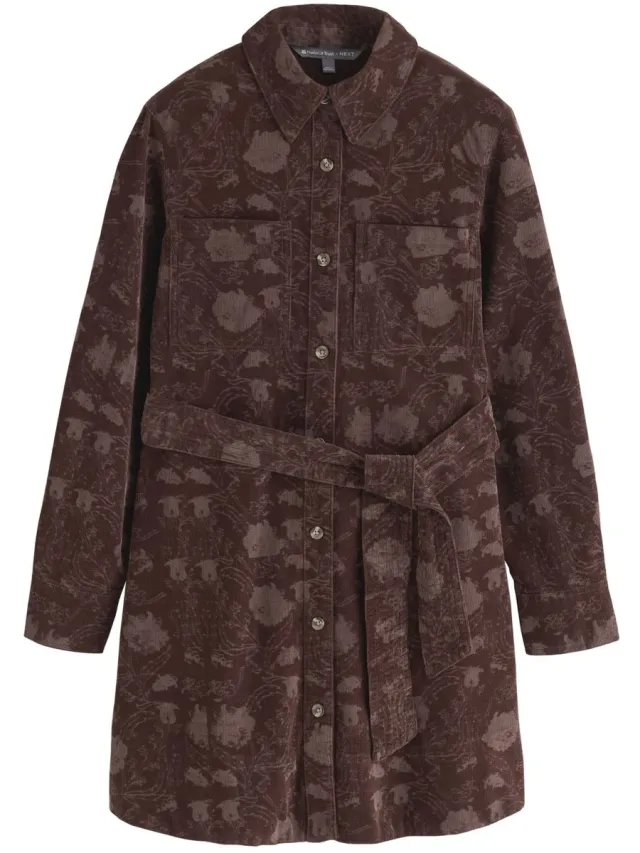 Next Dames - National Trust X Next mini-shirtjurk met lange mouwen en ribstof - Bruin Brown Floral