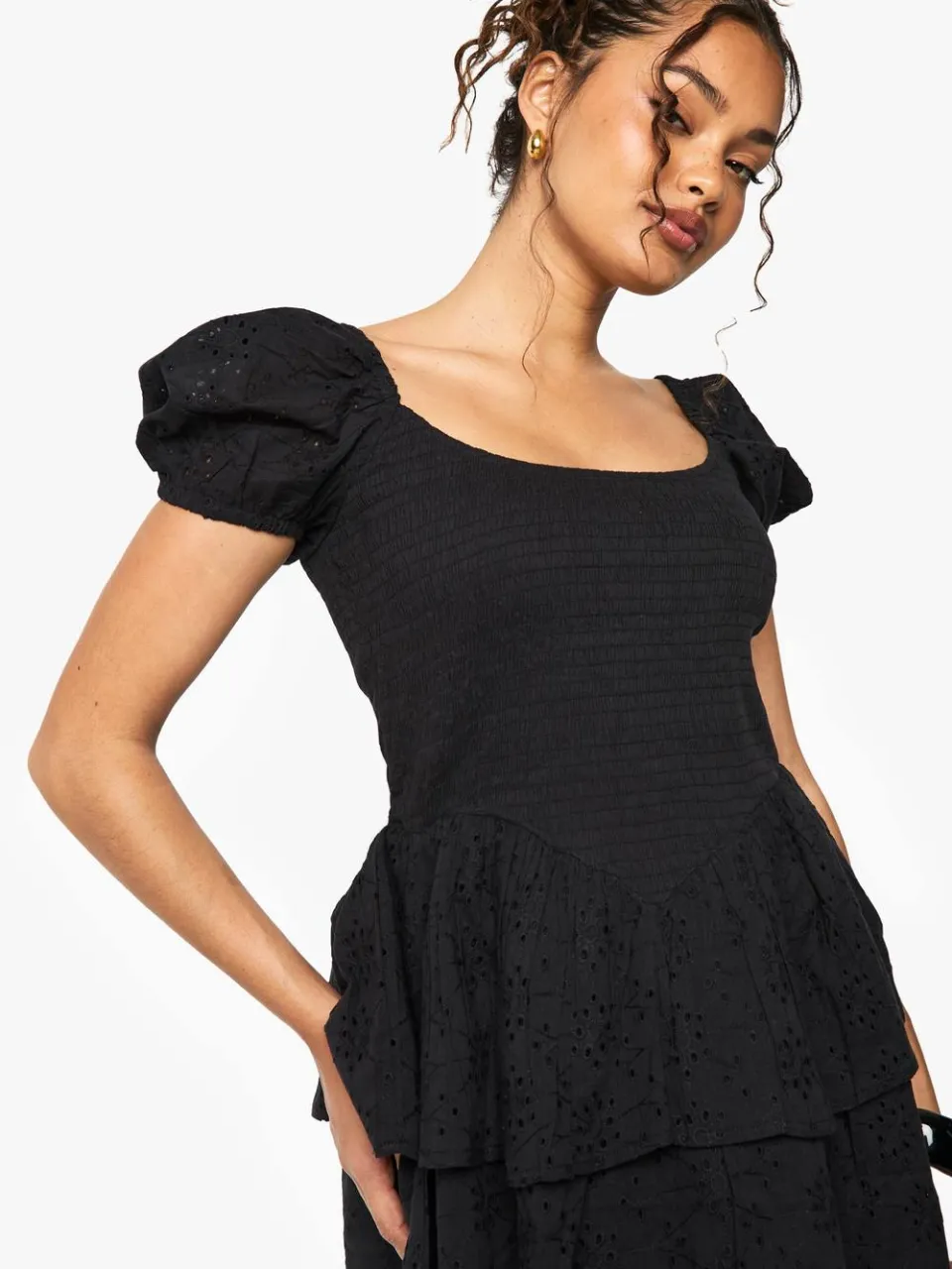 boohoo Dames Broderie Anglaise Puff Sleeve Skater Jurk zwart, foto 4