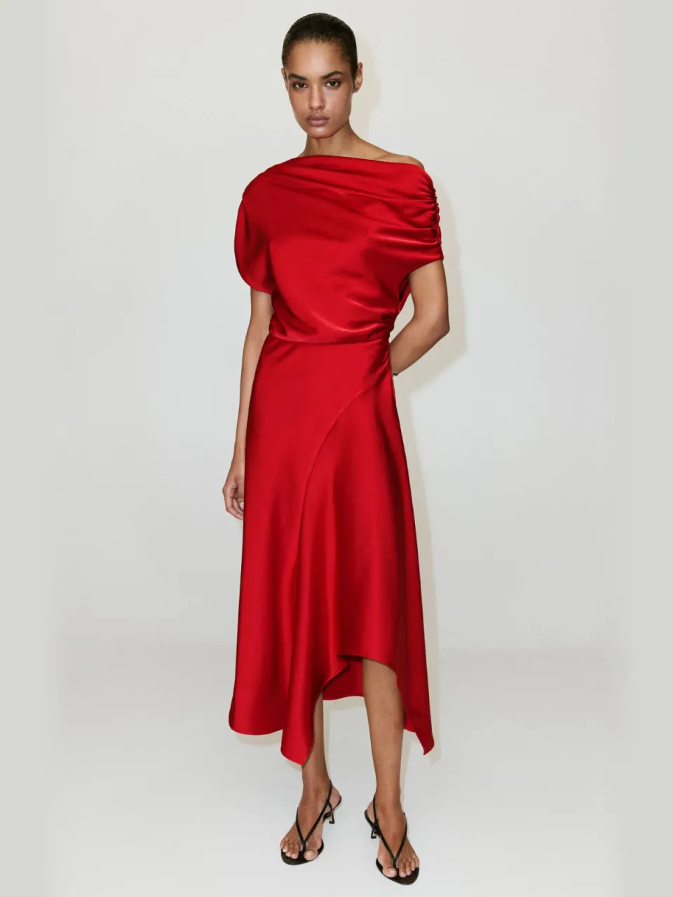 Mango one shoulder midi jurk - rood