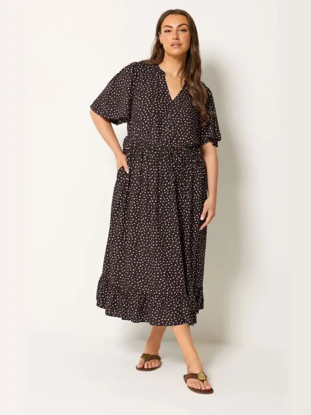 Yours Bruine Maxijurk Met Stippenprint En Inkeping In De Hals Brown