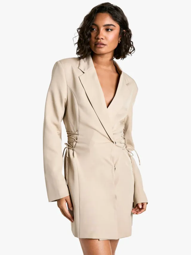 boohoo Dames Lange blazerjurk met zij-vetersluiting Taupe