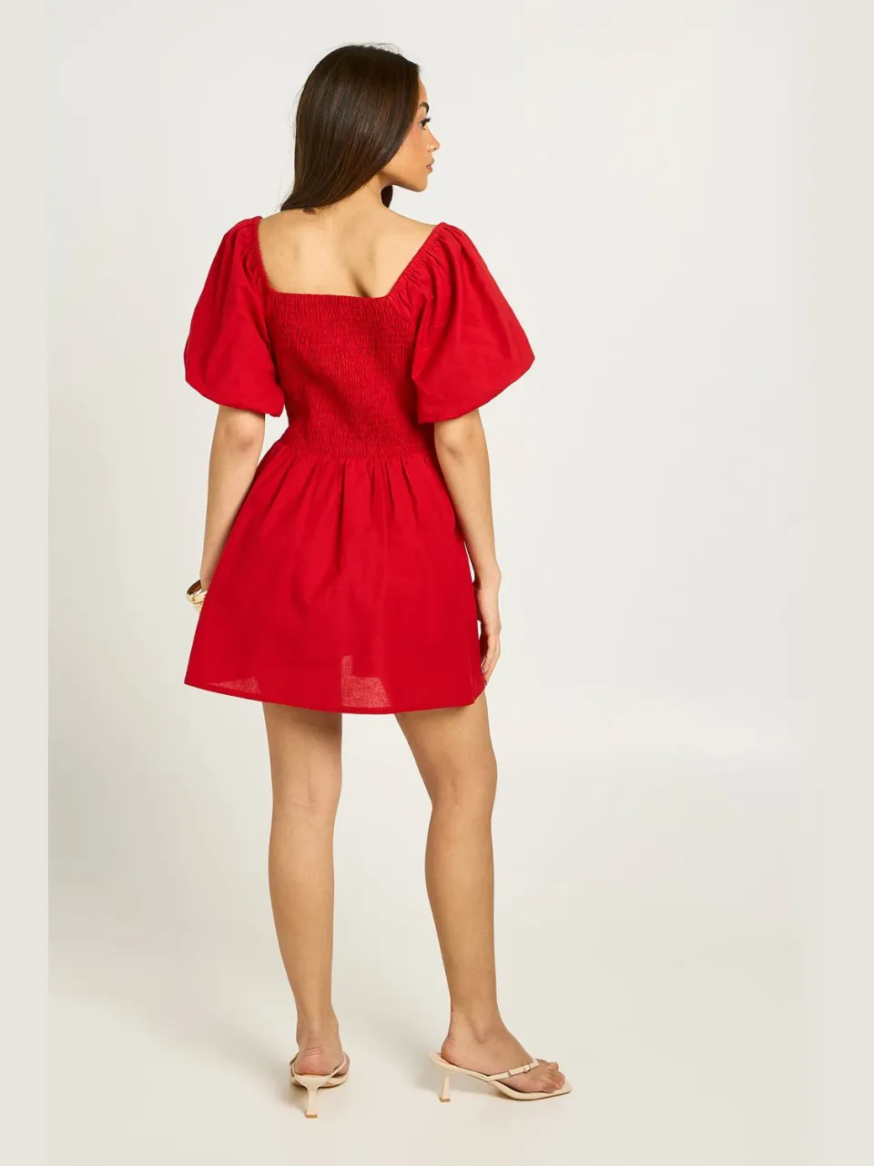 boohoo Dames Linnen-look Mini Jurk Met Volumineuze Mouwen rood, foto 3