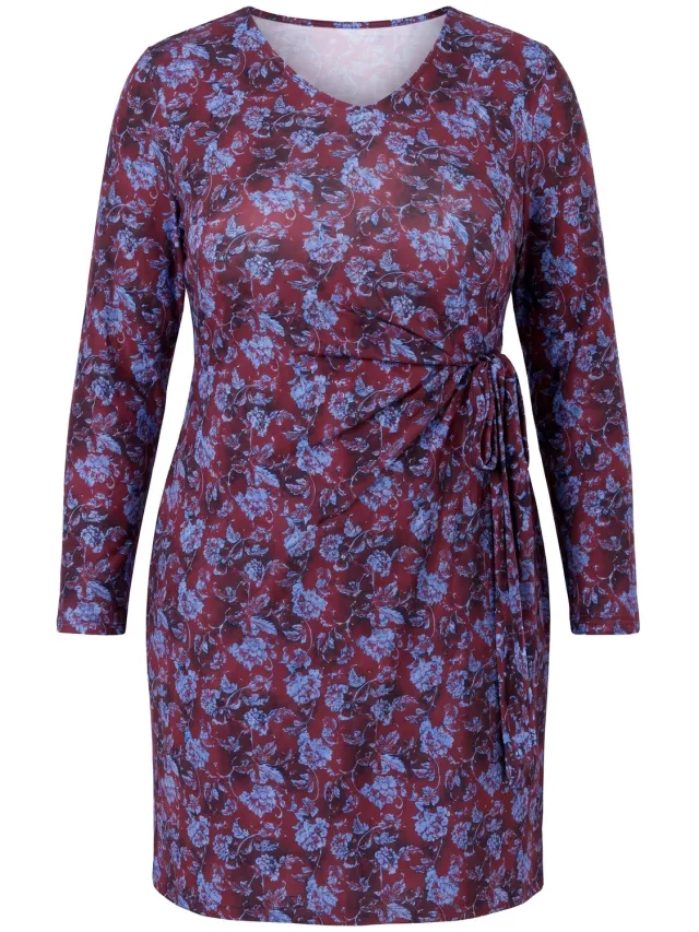Ulla Popken Dames - Jersey jurk bloemen A-lijn ronde hals lange mouwen - Zwart - Maat 58+