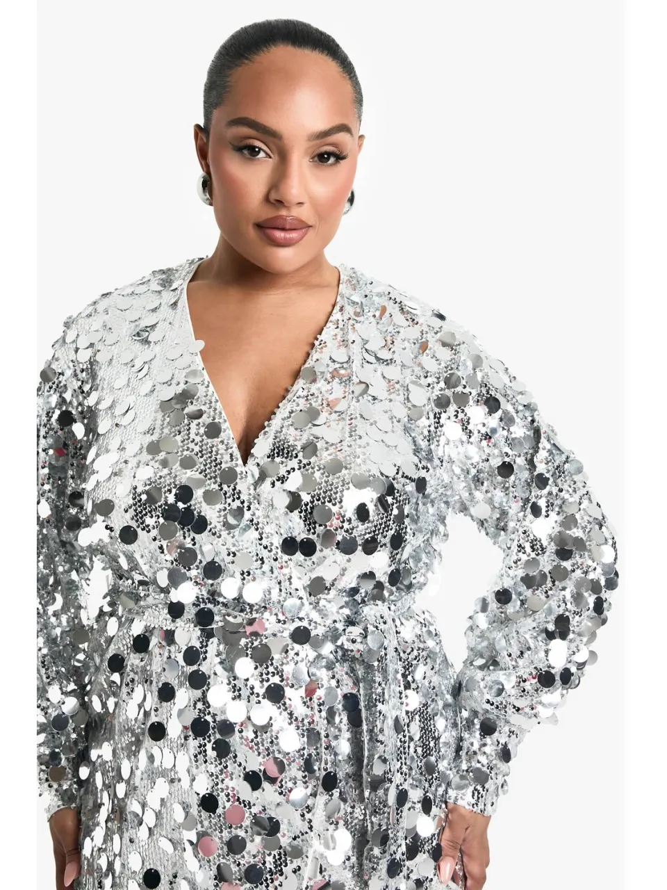 boohoo Dames Plus Sequin Wrap Jurk zilver, foto 4