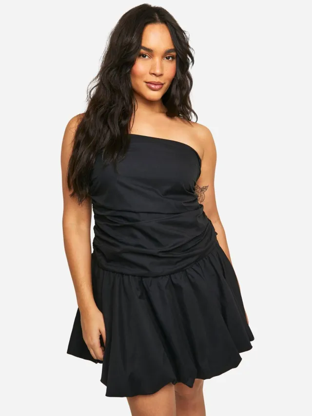 boohoo Dames Plus Gerafelde Bandeau Puff Ball Mini Jurk Zwart