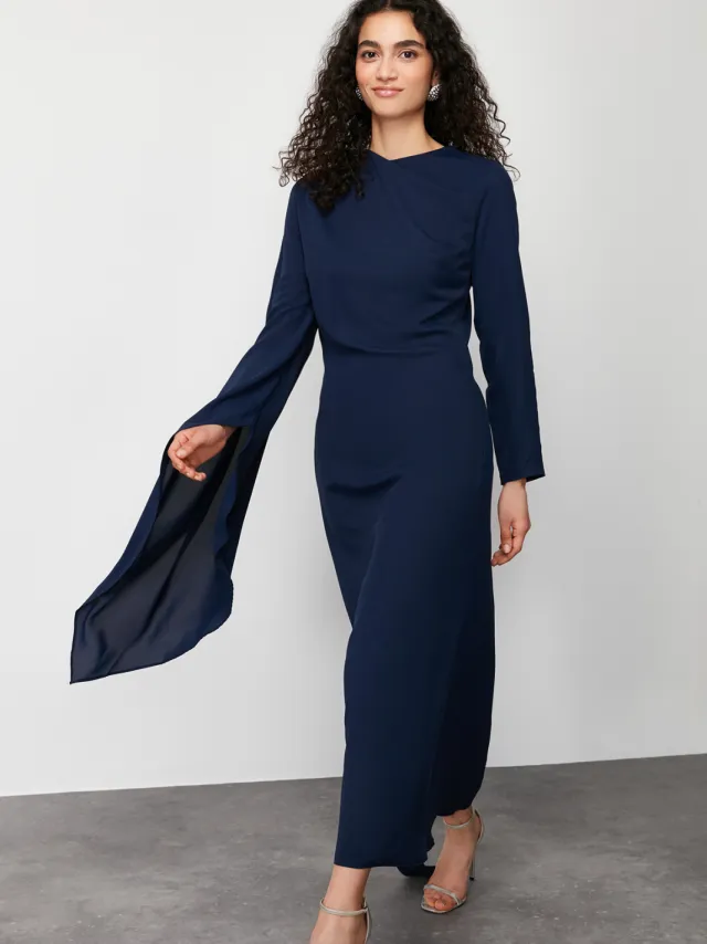 Trendyol Modest Dames Donkerblauw Effen Maxi Lang Stijlvol/Avond Recht Modest Avond Jurken Marineblauw/Blauw