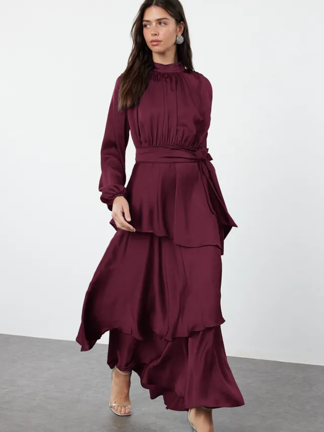 Trendyol Modest Dames Bruin Effen Maxi Lang Stijlvol/Avond Skater Modest Avond Jurken